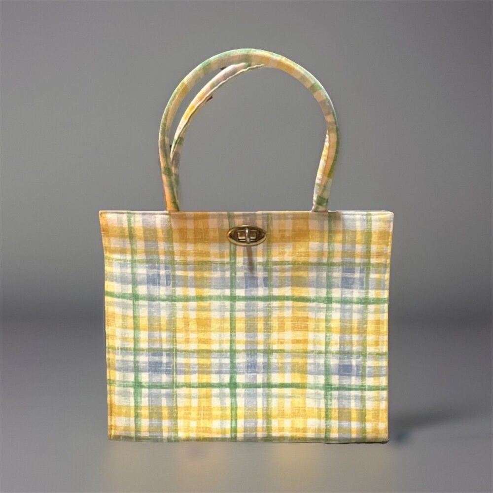 Stunning Vintage Margaret Smith Plaid Hand Bag Yellow Green Blue White